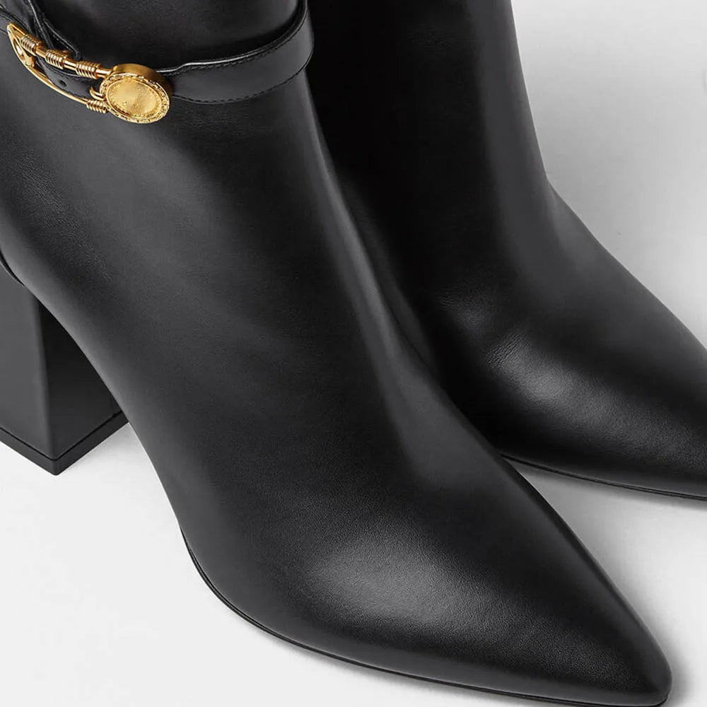 Amelia - Chunky Gold Safety Pin Adorned Ankle Bootie