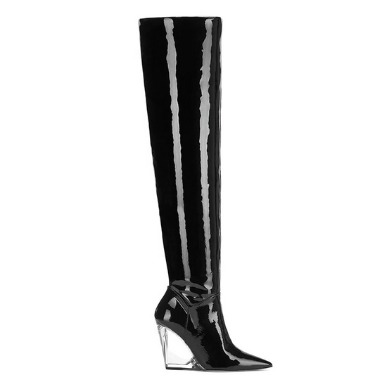Cora - Clear Wedge Heel Knee High Boot