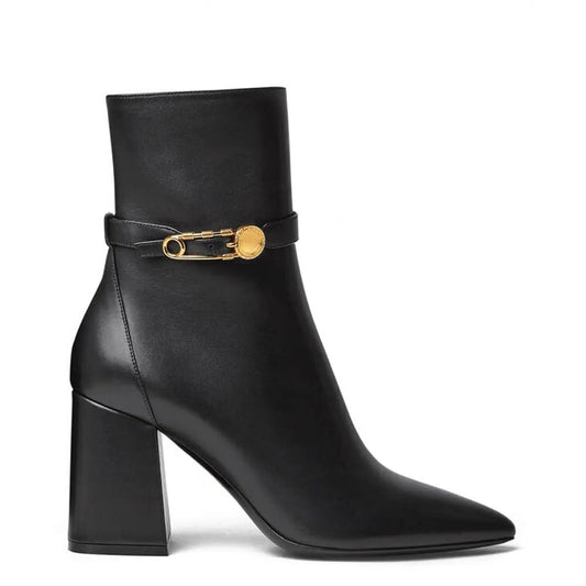 Amelia - Chunky Gold Safety Pin Adorned Ankle Bootie