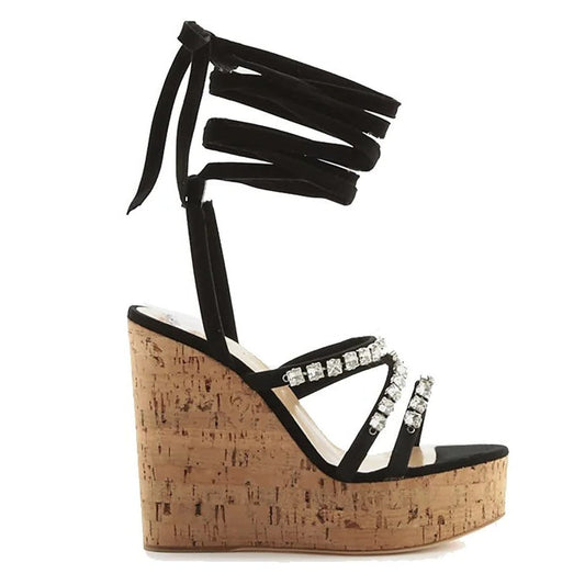 Nina - Rhinestone Studded Strappy Wedge Heel Sandal