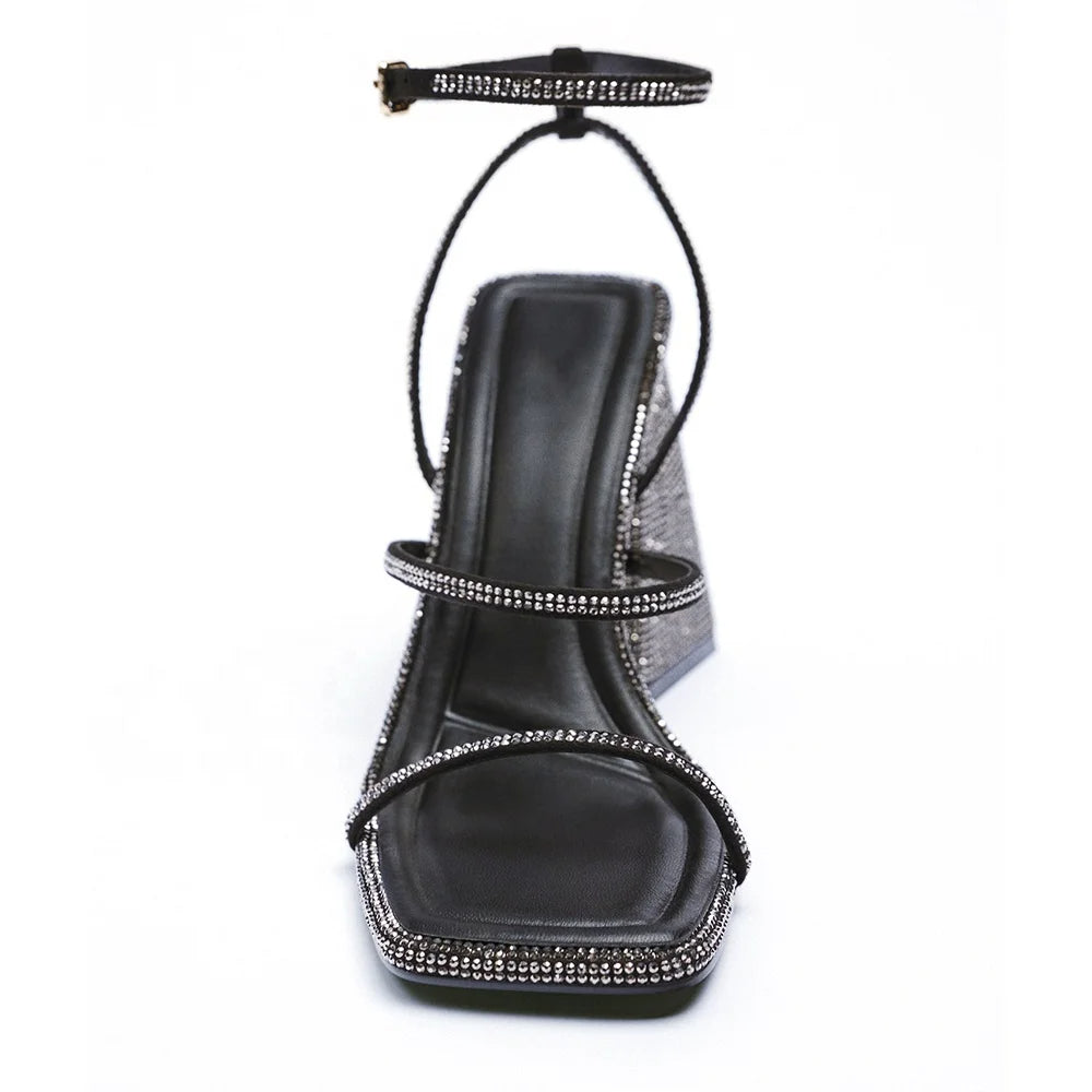 Ashley - Square Toe Rhinestone Heeled Sandal