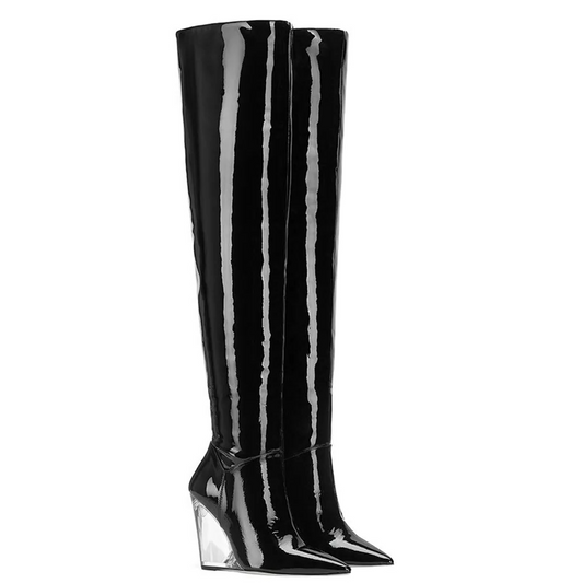 Cora - Clear Wedge Heel Knee High Boot