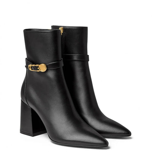 Amelia - Chunky Gold Safety Pin Adorned Ankle Bootie